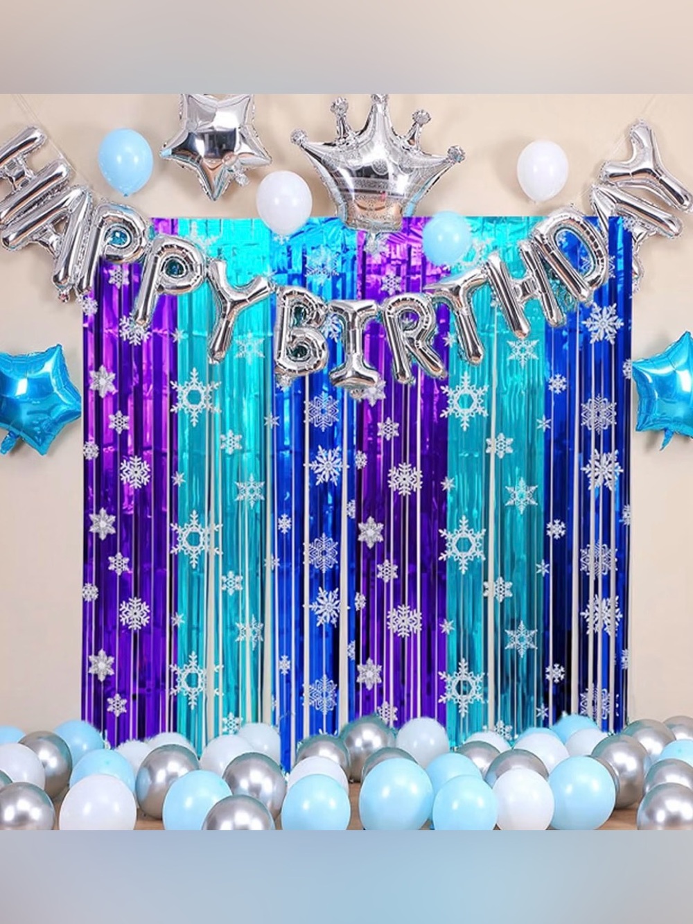 4 pack of Blue & Purple Birthday Photo Backdrop Foil Curtains Silver Snowflakes